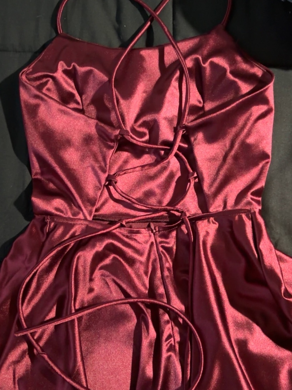 Spaghetti Strap Burgundy Fit-and-Flare Dress - Picture 3 of 3